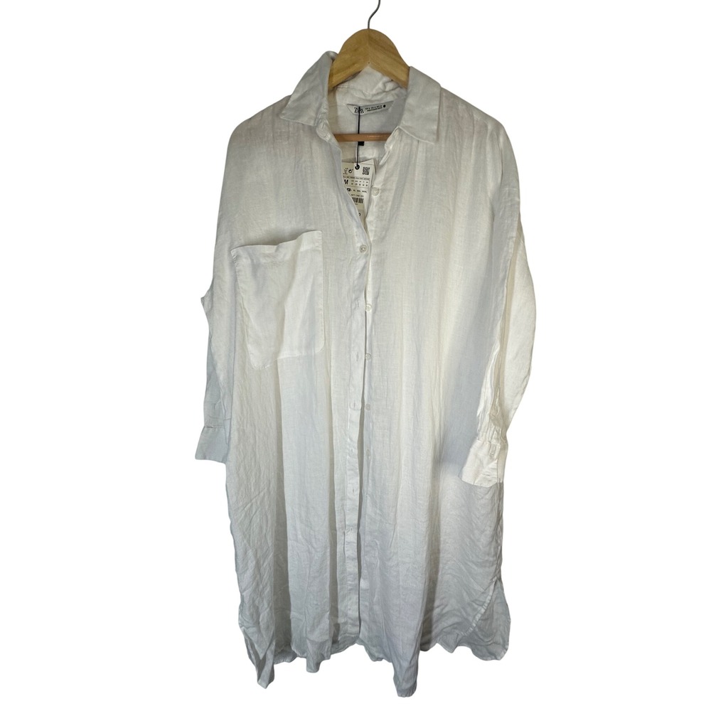 Zara White 100% Linen Shirt Dress Womens M Oversized Lagenlook Coastal Beachy - Picture 1 of 8